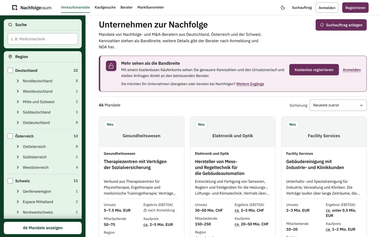 Schaufenster des Nachfolgeraums mit Verkaufsmandaten aus der Schweiz, Deutschland und Österreich; Umsatz und Kaufpreis als Spannen