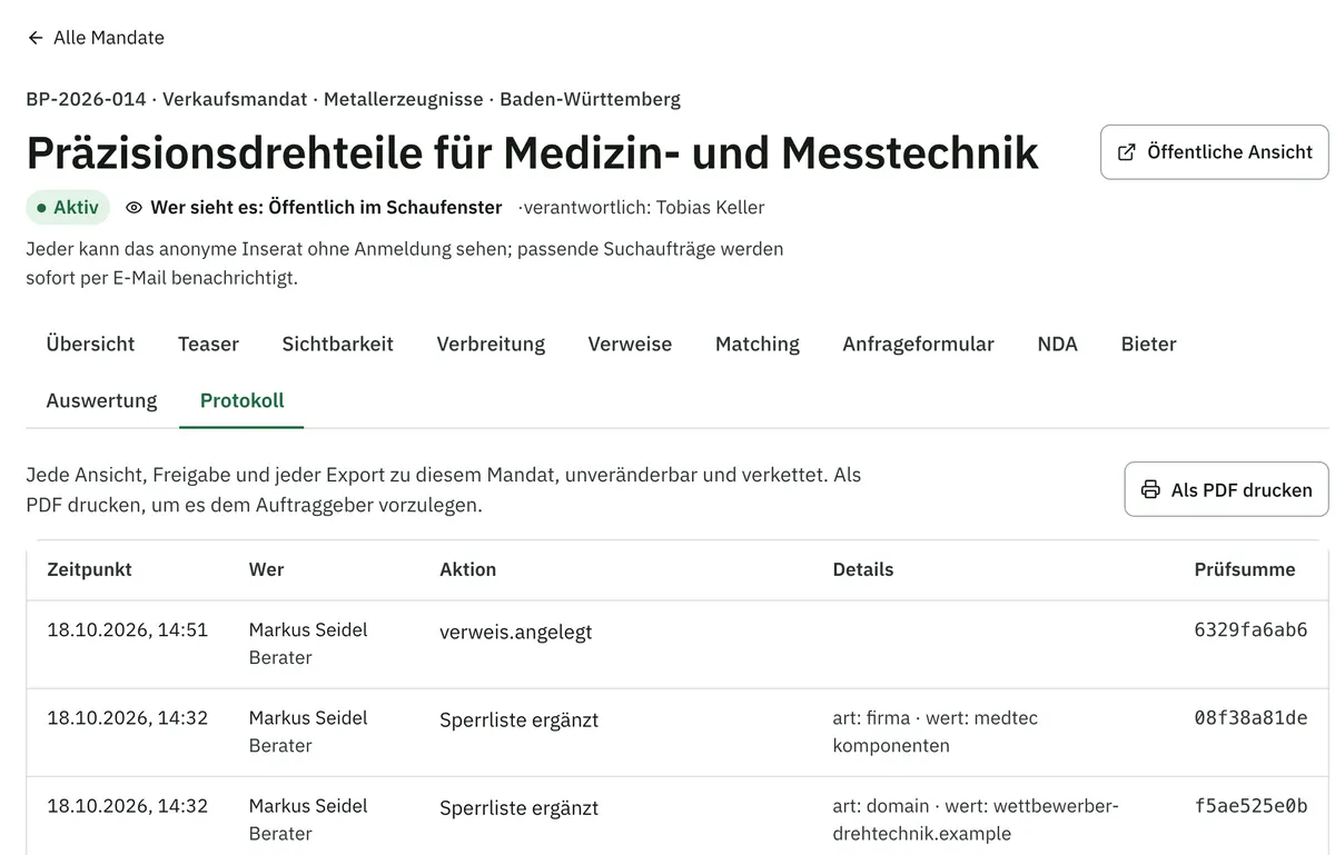 Protokoll eines Mandats mit Zeitpunkt, Person, Aktion und Prüfsumme je Eintrag und Knopf „Als PDF drucken“