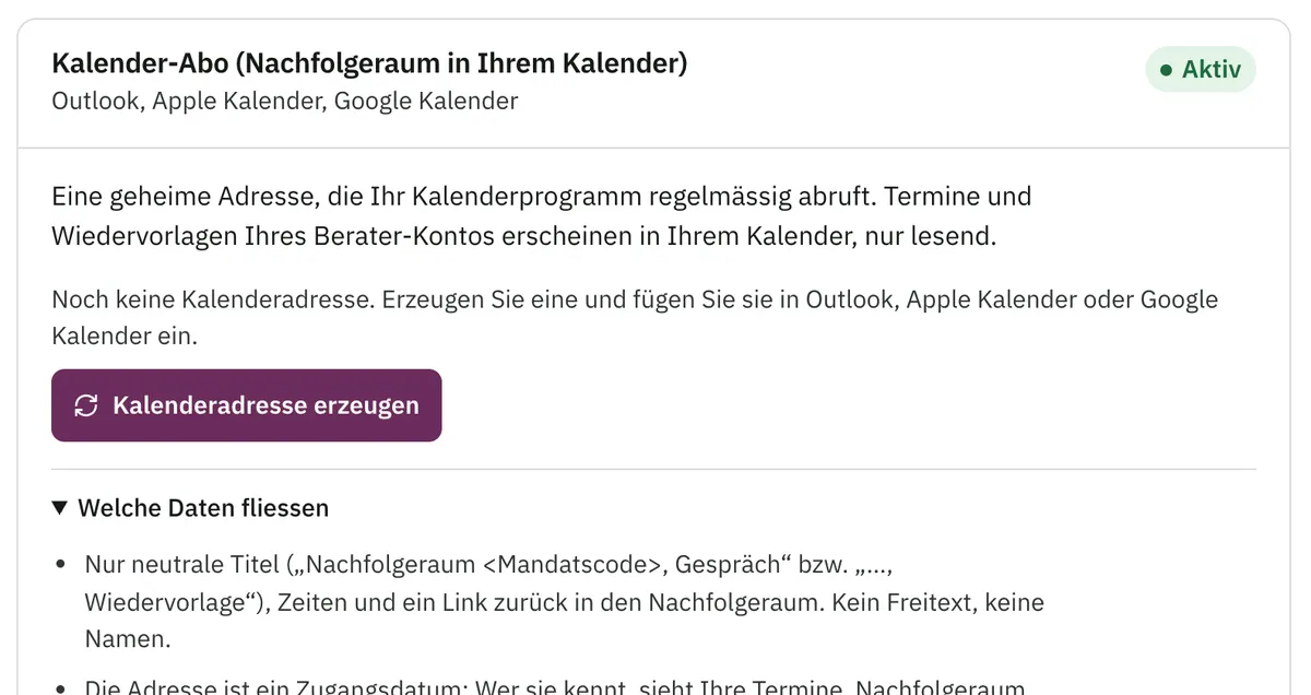 Kalender-Abo in den Einstellungen: geheime Kalenderadresse für Outlook, Apple und Google Kalender