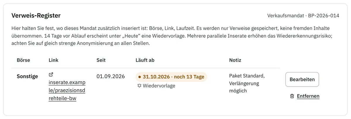 Liste paralleler Inserate mit Link, Laufzeit, Ablaufdatum und Wiedervorlage