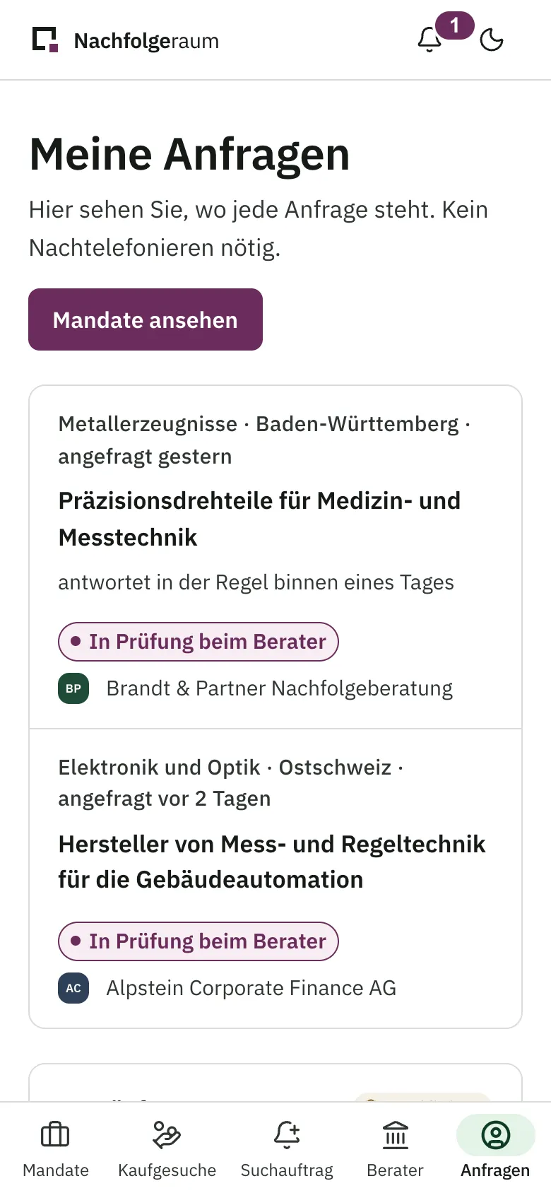 Käuferbereich auf dem Handy mit Anfragen und Status